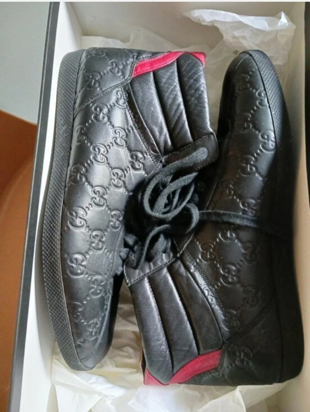 Gucci GG Black Leather High-Top Sneakers with Red Accent, Size 7